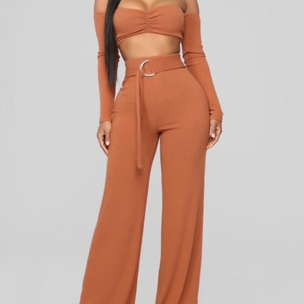 Fashion Nova Rust Ribbed 2-Piece Pant Set Wide Leg Size L